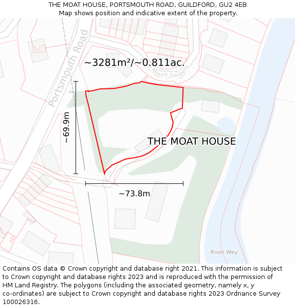 THE MOAT HOUSE, PORTSMOUTH ROAD, GUILDFORD, GU2 4EB: Plot and title map