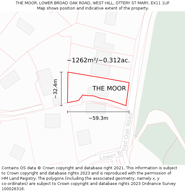 THE MOOR, LOWER BROAD OAK ROAD, WEST HILL, OTTERY ST MARY, EX11 1UF: Plot and title map