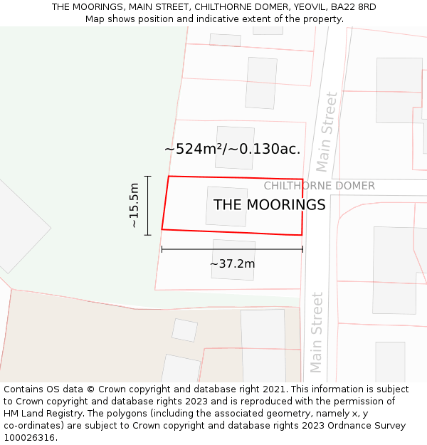 THE MOORINGS, MAIN STREET, CHILTHORNE DOMER, YEOVIL, BA22 8RD: Plot and title map