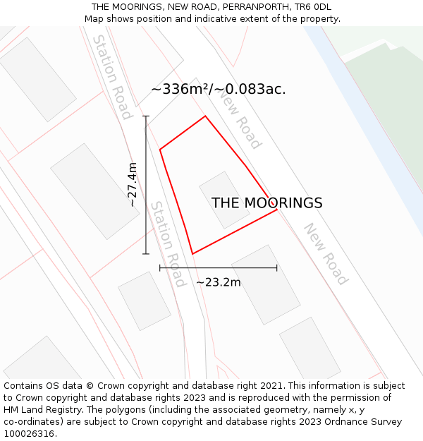 THE MOORINGS, NEW ROAD, PERRANPORTH, TR6 0DL: Plot and title map