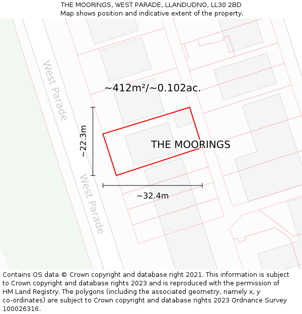 THE MOORINGS, WEST PARADE, LLANDUDNO, LL30 2BD: Plot and title map