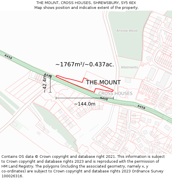 THE MOUNT, CROSS HOUSES, SHREWSBURY, SY5 6EX: Plot and title map