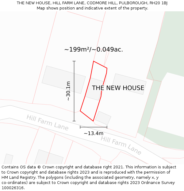 THE NEW HOUSE, HILL FARM LANE, CODMORE HILL, PULBOROUGH, RH20 1BJ: Plot and title map