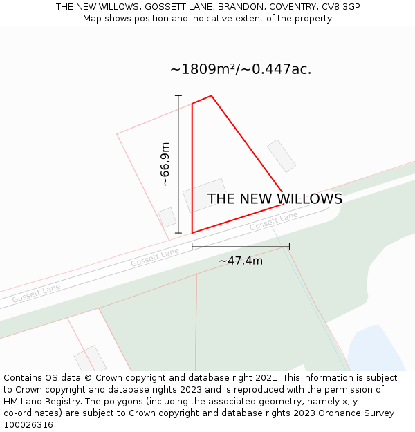 THE NEW WILLOWS, GOSSETT LANE, BRANDON, COVENTRY, CV8 3GP: Plot and title map