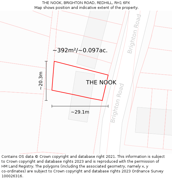 THE NOOK, BRIGHTON ROAD, REDHILL, RH1 6PX: Plot and title map