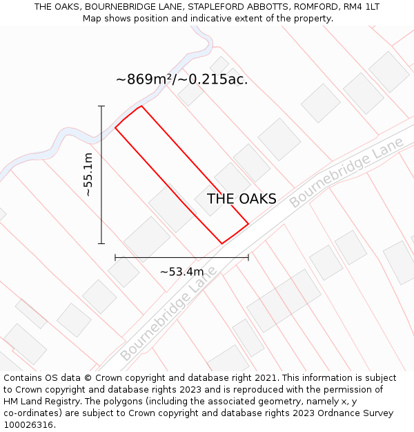THE OAKS, BOURNEBRIDGE LANE, STAPLEFORD ABBOTTS, ROMFORD, RM4 1LT: Plot and title map