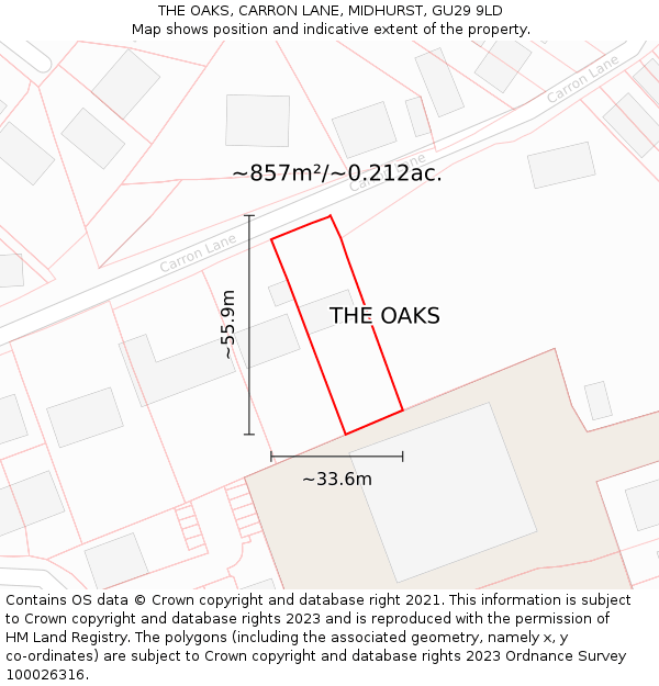 THE OAKS, CARRON LANE, MIDHURST, GU29 9LD: Plot and title map