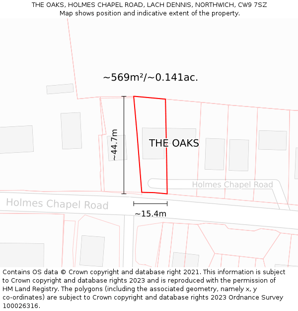 THE OAKS, HOLMES CHAPEL ROAD, LACH DENNIS, NORTHWICH, CW9 7SZ: Plot and title map