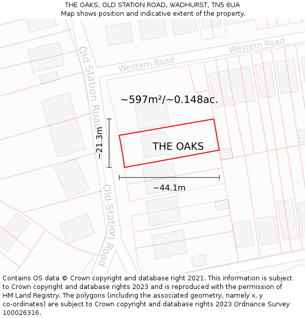 THE OAKS, OLD STATION ROAD, WADHURST, TN5 6UA: Plot and title map