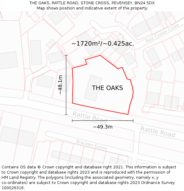 THE OAKS, RATTLE ROAD, STONE CROSS, PEVENSEY, BN24 5DX: Plot and title map