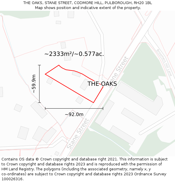 THE OAKS, STANE STREET, CODMORE HILL, PULBOROUGH, RH20 1BL: Plot and title map