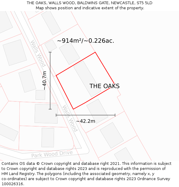 THE OAKS, WALLS WOOD, BALDWINS GATE, NEWCASTLE, ST5 5LD: Plot and title map