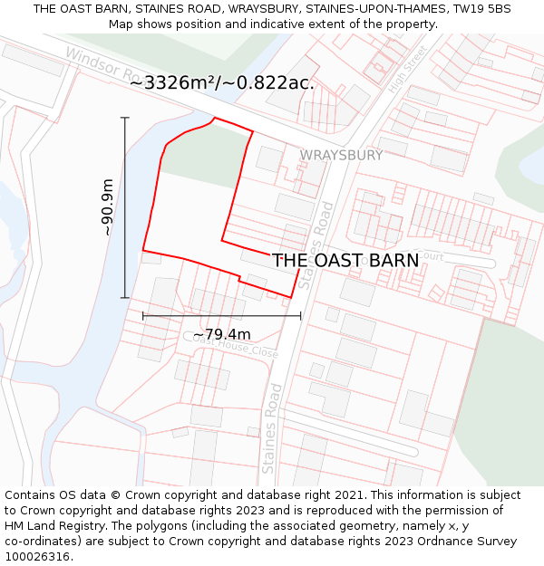 THE OAST BARN, STAINES ROAD, WRAYSBURY, STAINES-UPON-THAMES, TW19 5BS: Plot and title map