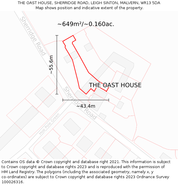 THE OAST HOUSE, SHERRIDGE ROAD, LEIGH SINTON, MALVERN, WR13 5DA: Plot and title map