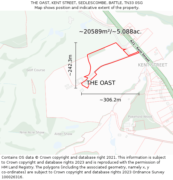 THE OAST, KENT STREET, SEDLESCOMBE, BATTLE, TN33 0SG: Plot and title map