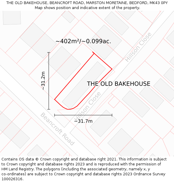 THE OLD BAKEHOUSE, BEANCROFT ROAD, MARSTON MORETAINE, BEDFORD, MK43 0PY: Plot and title map