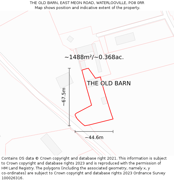 THE OLD BARN, EAST MEON ROAD, WATERLOOVILLE, PO8 0RR: Plot and title map