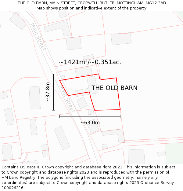 THE OLD BARN, MAIN STREET, CROPWELL BUTLER, NOTTINGHAM, NG12 3AB: Plot and title map