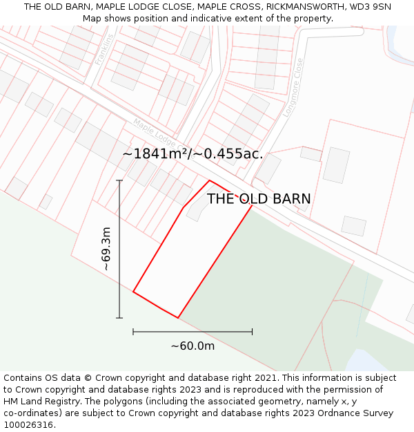 THE OLD BARN, MAPLE LODGE CLOSE, MAPLE CROSS, RICKMANSWORTH, WD3 9SN: Plot and title map