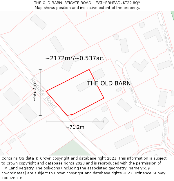 THE OLD BARN, REIGATE ROAD, LEATHERHEAD, KT22 8QY: Plot and title map