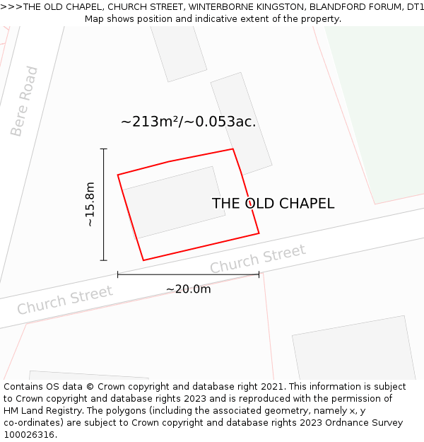 THE OLD CHAPEL, CHURCH STREET, WINTERBORNE KINGSTON, BLANDFORD FORUM, DT11 9QE: Plot and title map