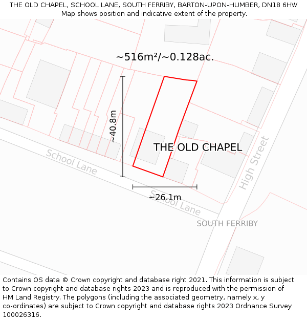 THE OLD CHAPEL, SCHOOL LANE, SOUTH FERRIBY, BARTON-UPON-HUMBER, DN18 6HW: Plot and title map