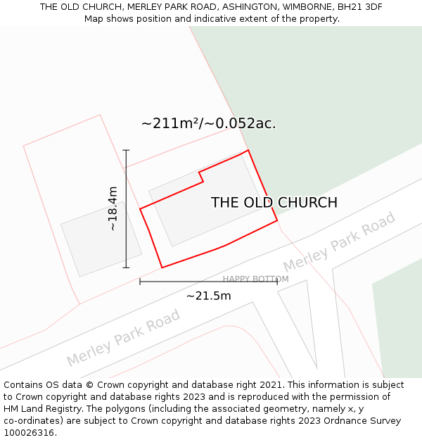 THE OLD CHURCH, MERLEY PARK ROAD, ASHINGTON, WIMBORNE, BH21 3DF: Plot and title map