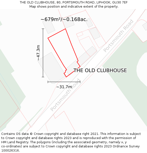 THE OLD CLUBHOUSE, 80, PORTSMOUTH ROAD, LIPHOOK, GU30 7EF: Plot and title map