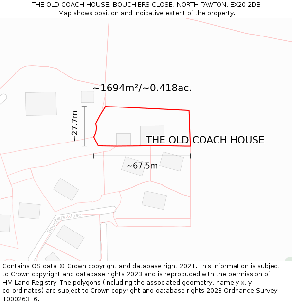 THE OLD COACH HOUSE, BOUCHIERS CLOSE, NORTH TAWTON, EX20 2DB: Plot and title map