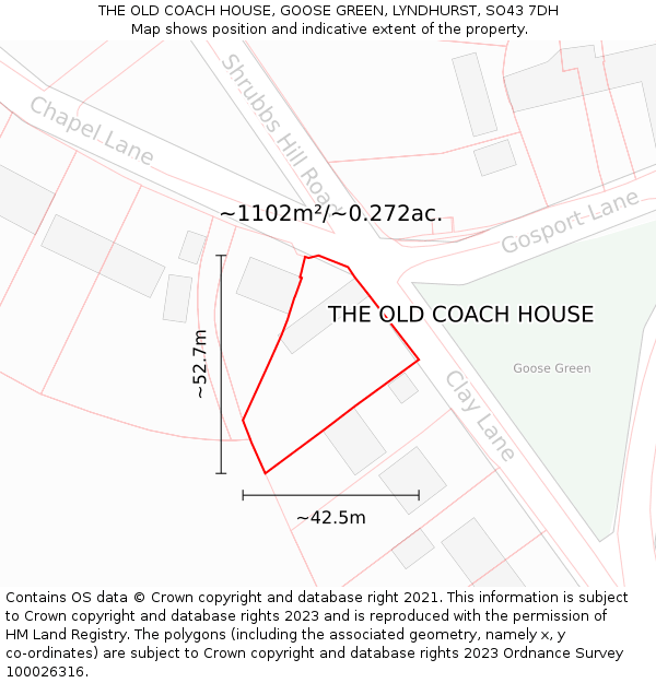 THE OLD COACH HOUSE, GOOSE GREEN, LYNDHURST, SO43 7DH: Plot and title map