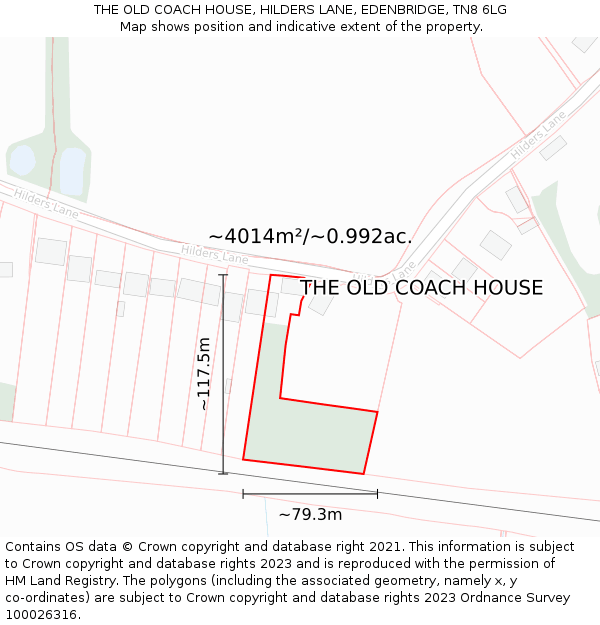 THE OLD COACH HOUSE, HILDERS LANE, EDENBRIDGE, TN8 6LG: Plot and title map