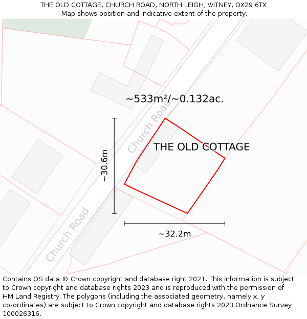 THE OLD COTTAGE, CHURCH ROAD, NORTH LEIGH, WITNEY, OX29 6TX: Plot and title map