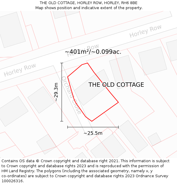 THE OLD COTTAGE, HORLEY ROW, HORLEY, RH6 8BE: Plot and title map