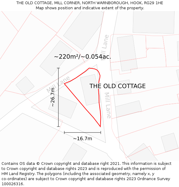 THE OLD COTTAGE, MILL CORNER, NORTH WARNBOROUGH, HOOK, RG29 1HE: Plot and title map