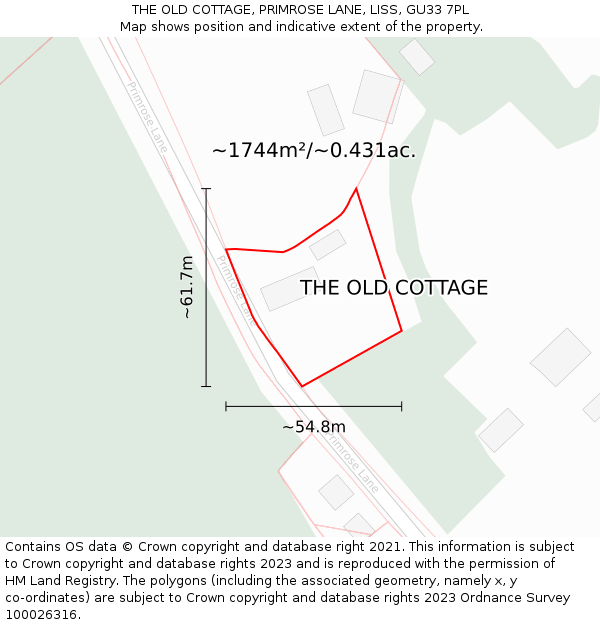 THE OLD COTTAGE, PRIMROSE LANE, LISS, GU33 7PL: Plot and title map