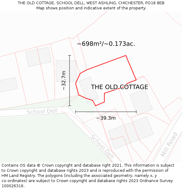 THE OLD COTTAGE, SCHOOL DELL, WEST ASHLING, CHICHESTER, PO18 8EB: Plot and title map