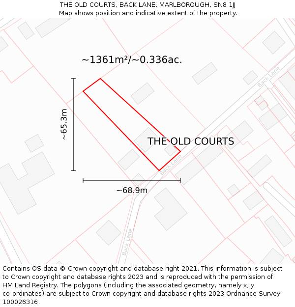 THE OLD COURTS, BACK LANE, MARLBOROUGH, SN8 1JJ: Plot and title map