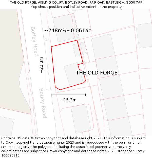 THE OLD FORGE, AISLING COURT, BOTLEY ROAD, FAIR OAK, EASTLEIGH, SO50 7AP: Plot and title map