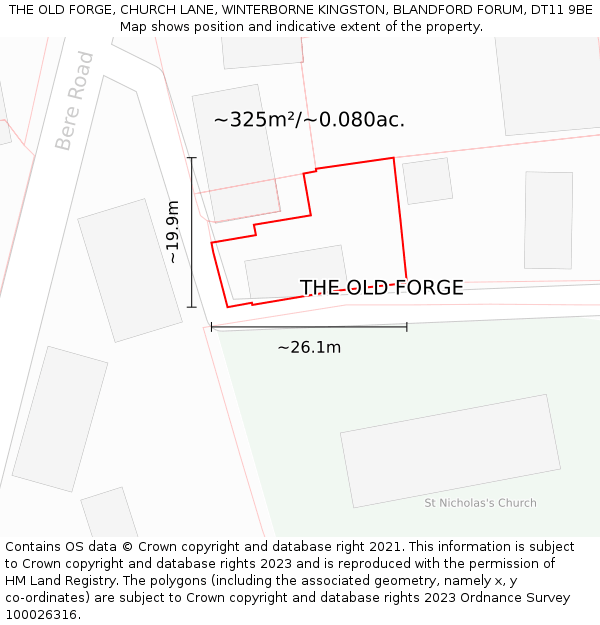 THE OLD FORGE, CHURCH LANE, WINTERBORNE KINGSTON, BLANDFORD FORUM, DT11 9BE: Plot and title map