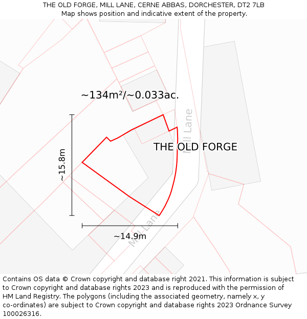 THE OLD FORGE, MILL LANE, CERNE ABBAS, DORCHESTER, DT2 7LB: Plot and title map