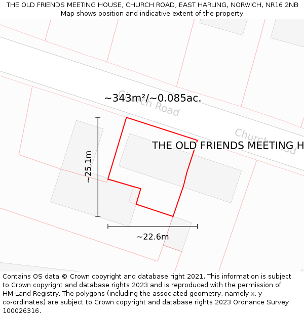 THE OLD FRIENDS MEETING HOUSE, CHURCH ROAD, EAST HARLING, NORWICH, NR16 2NB: Plot and title map