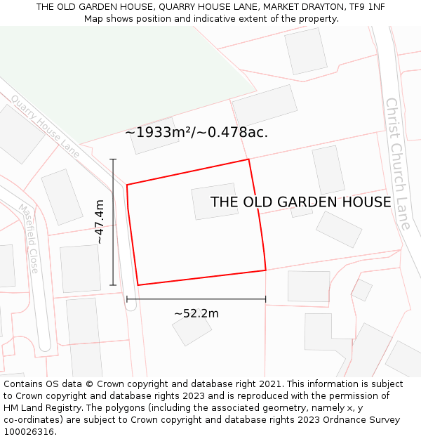 THE OLD GARDEN HOUSE, QUARRY HOUSE LANE, MARKET DRAYTON, TF9 1NF: Plot and title map