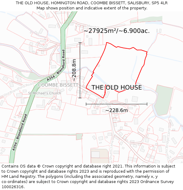 THE OLD HOUSE, HOMINGTON ROAD, COOMBE BISSETT, SALISBURY, SP5 4LR: Plot and title map