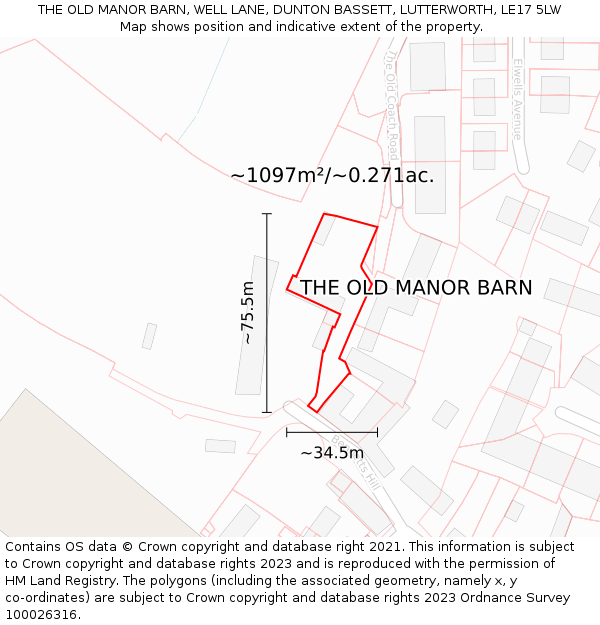 THE OLD MANOR BARN, WELL LANE, DUNTON BASSETT, LUTTERWORTH, LE17 5LW: Plot and title map