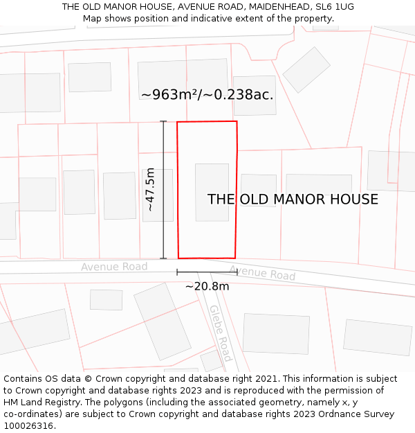 THE OLD MANOR HOUSE, AVENUE ROAD, MAIDENHEAD, SL6 1UG: Plot and title map