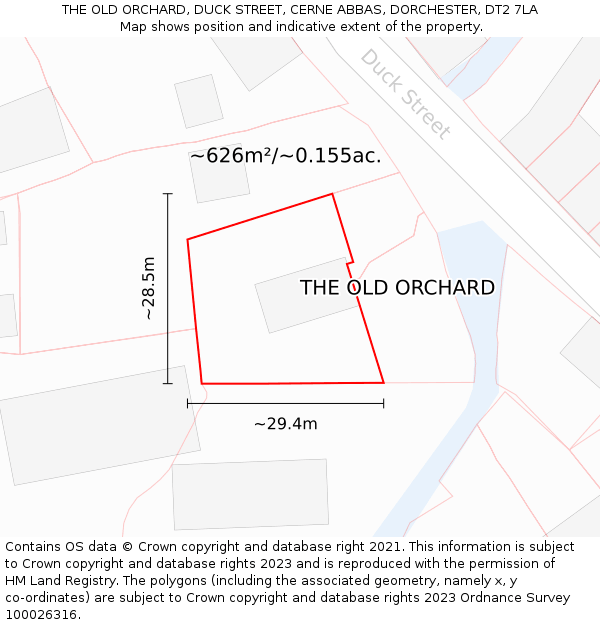 THE OLD ORCHARD, DUCK STREET, CERNE ABBAS, DORCHESTER, DT2 7LA: Plot and title map