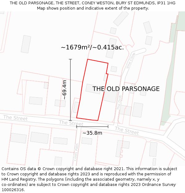 THE OLD PARSONAGE, THE STREET, CONEY WESTON, BURY ST EDMUNDS, IP31 1HG: Plot and title map