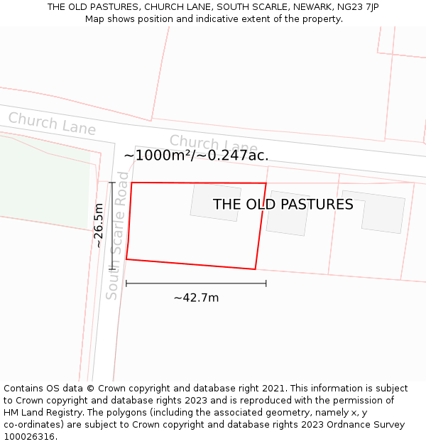 THE OLD PASTURES, CHURCH LANE, SOUTH SCARLE, NEWARK, NG23 7JP: Plot and title map