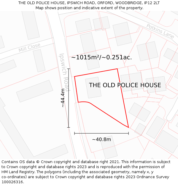 THE OLD POLICE HOUSE, IPSWICH ROAD, ORFORD, WOODBRIDGE, IP12 2LT: Plot and title map