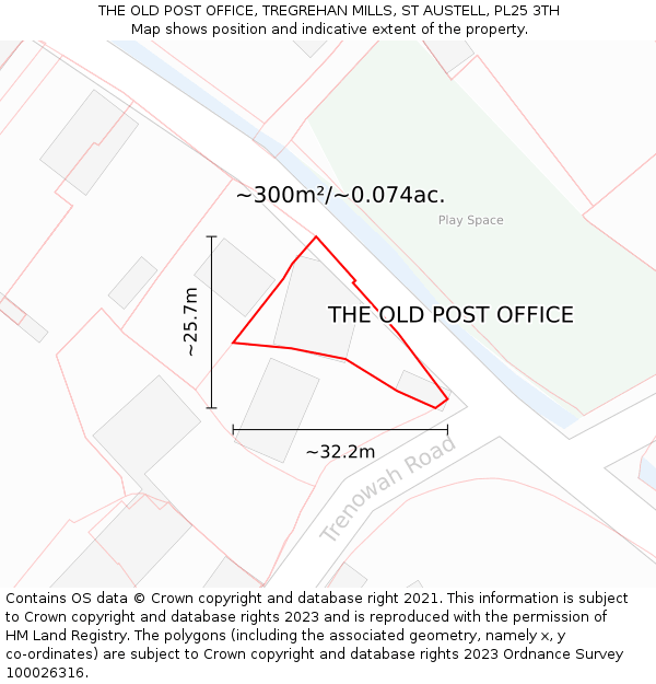 THE OLD POST OFFICE, TREGREHAN MILLS, ST AUSTELL, PL25 3TH: Plot and title map